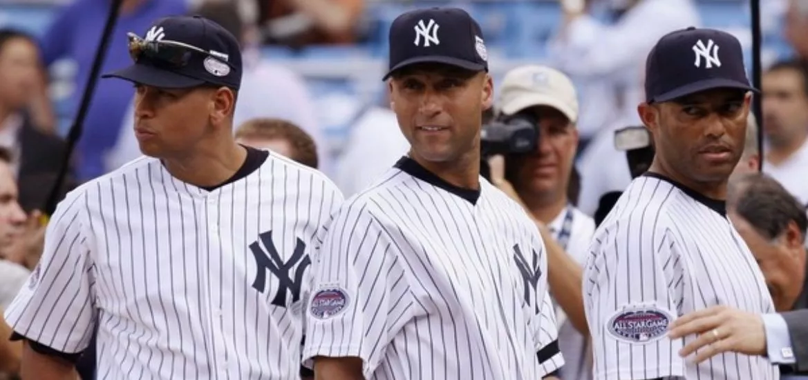 American League All-Stars, New York Yankees' Rodriguez, Jeter and Rivera stand together prior to Major League Baseball’s All-Star game at Yankee Stadium in New York