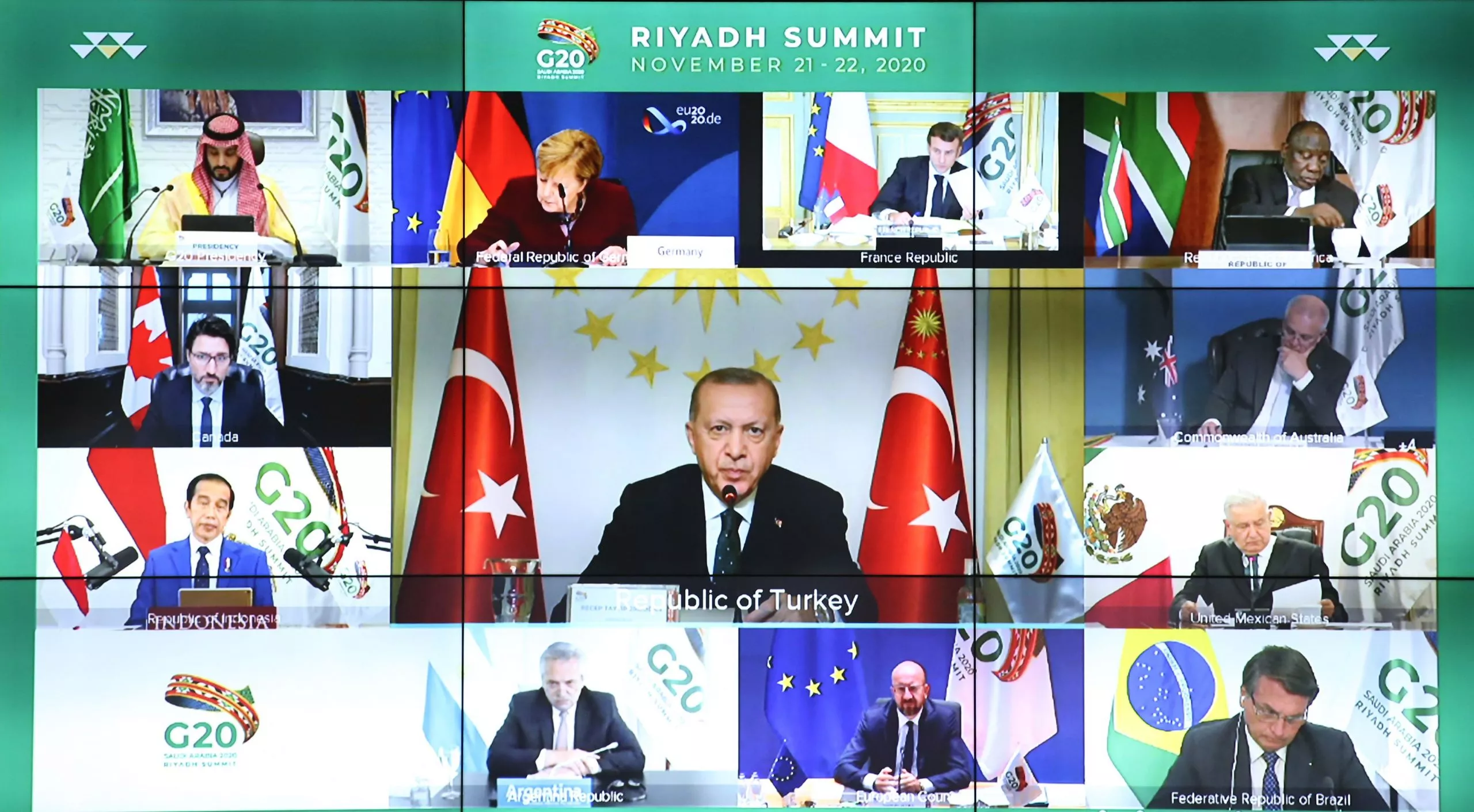 Turkish President Erdogan takes part in the virtual G20 meeting hosted by Saudi Arabia, in Istanbul