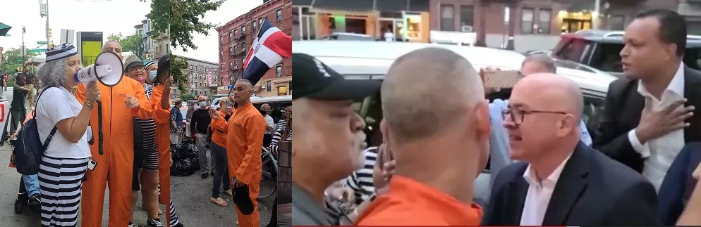 Piquetean a Domínguez Brito en NY cuando llega al acto habla con protestantes y saluda