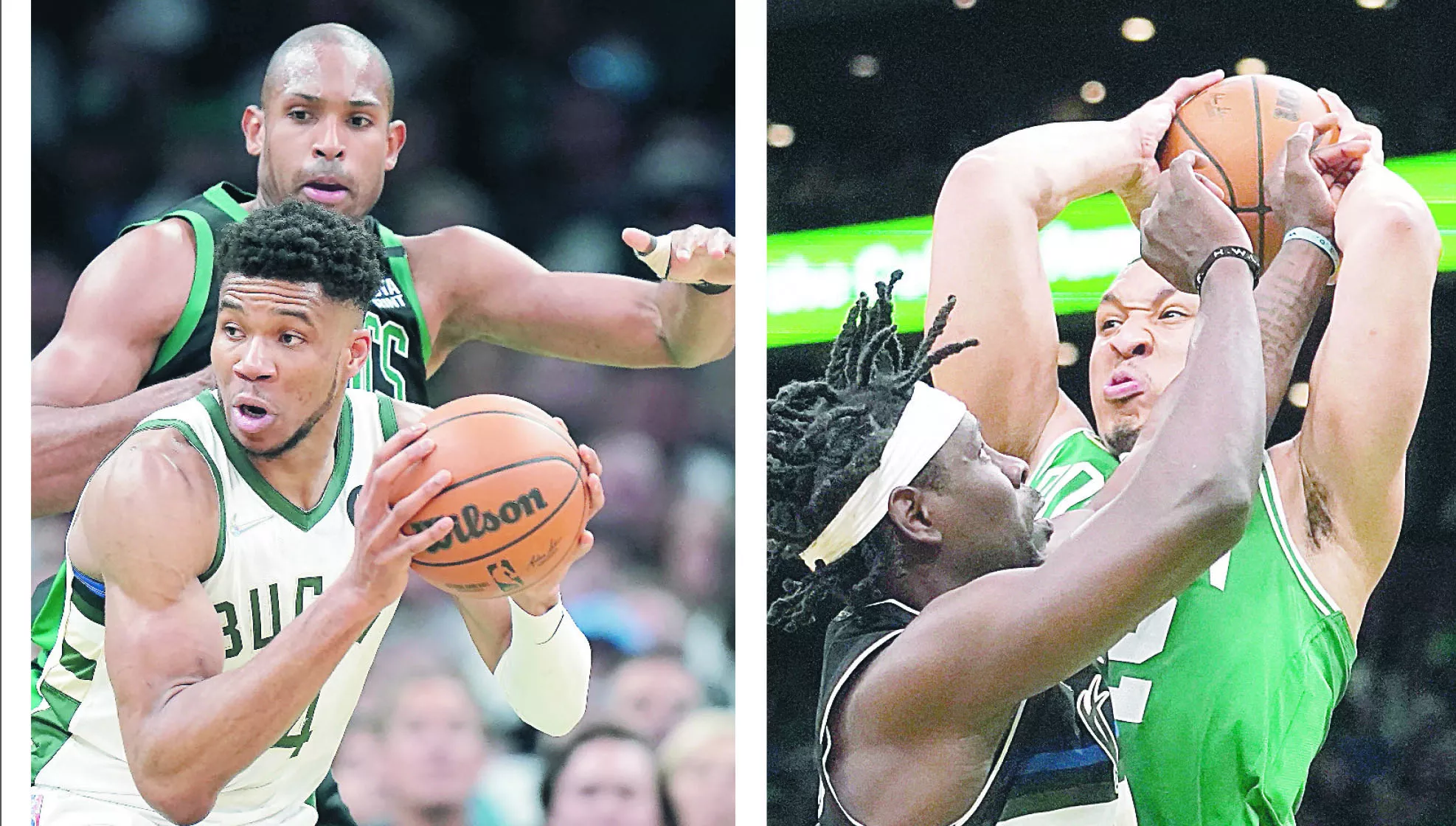 Al Horford y Grant Williams de   Celtics,    un real dolor de cabeza para el estelar   Giannis Antetokounmpo, de los Bucks .  Ap