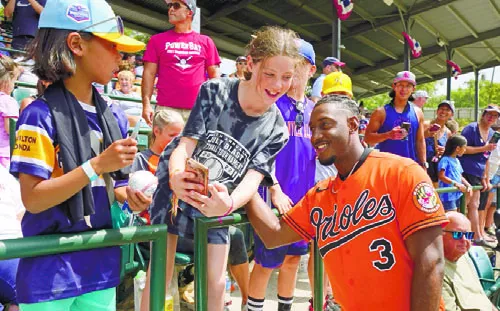 Jorge Mateo (3) comparte con niños de las pequeñas ligas.  AP