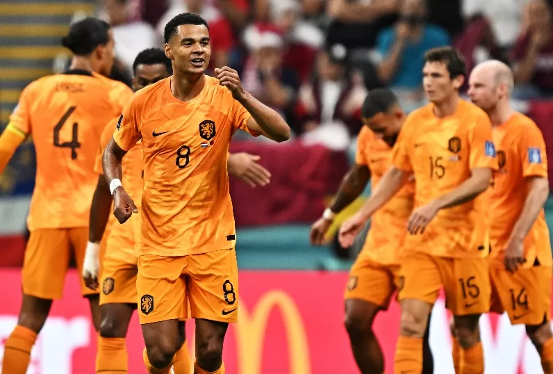 Cody Gakpo (8) celebra tras paso de Holanda a octavos final