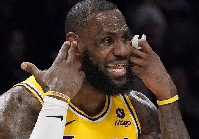 LeBron James,  estupefacto tras la decisión del árbitro.