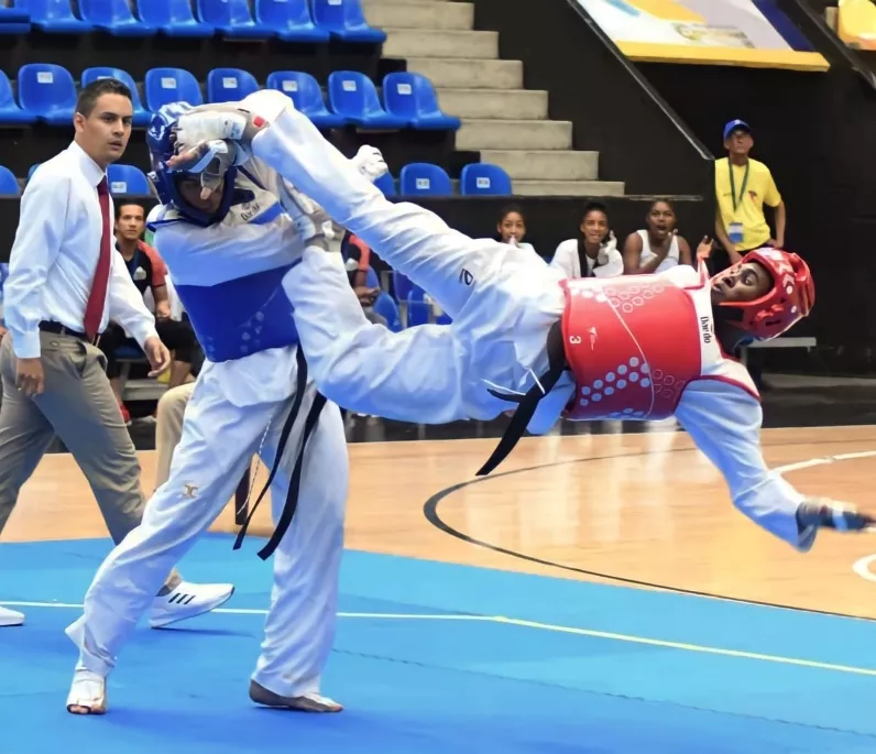 Acción de uno de los combates del taekwondo.  fuente externa