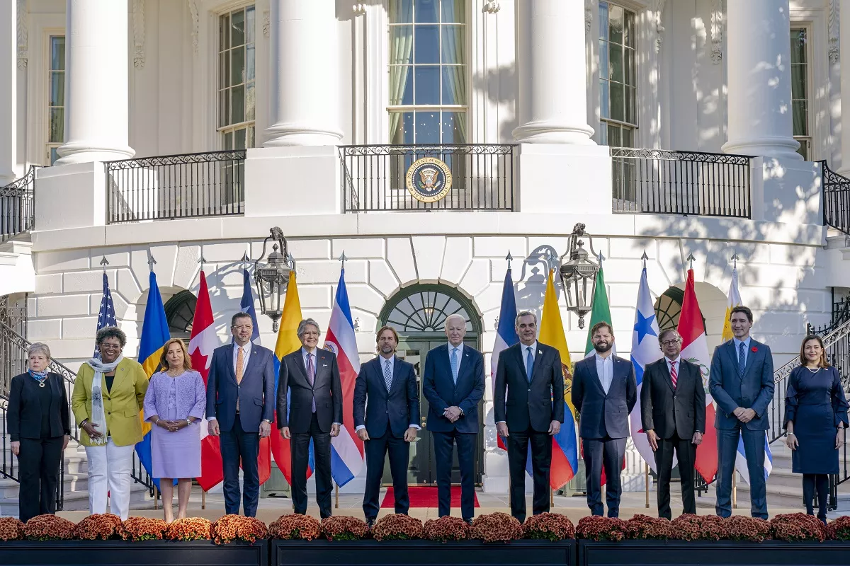 Alicia Bárcena, Mia Mottley, Dina Boluarte, Rodrigo Chaves Robles, Guillermo Lasso, Luis Lacalle Pou, Joe Biden, Luis Abinader, Gabriel Boric, Gustavo Petro, Justin Trudeau, Janaina Tewaney