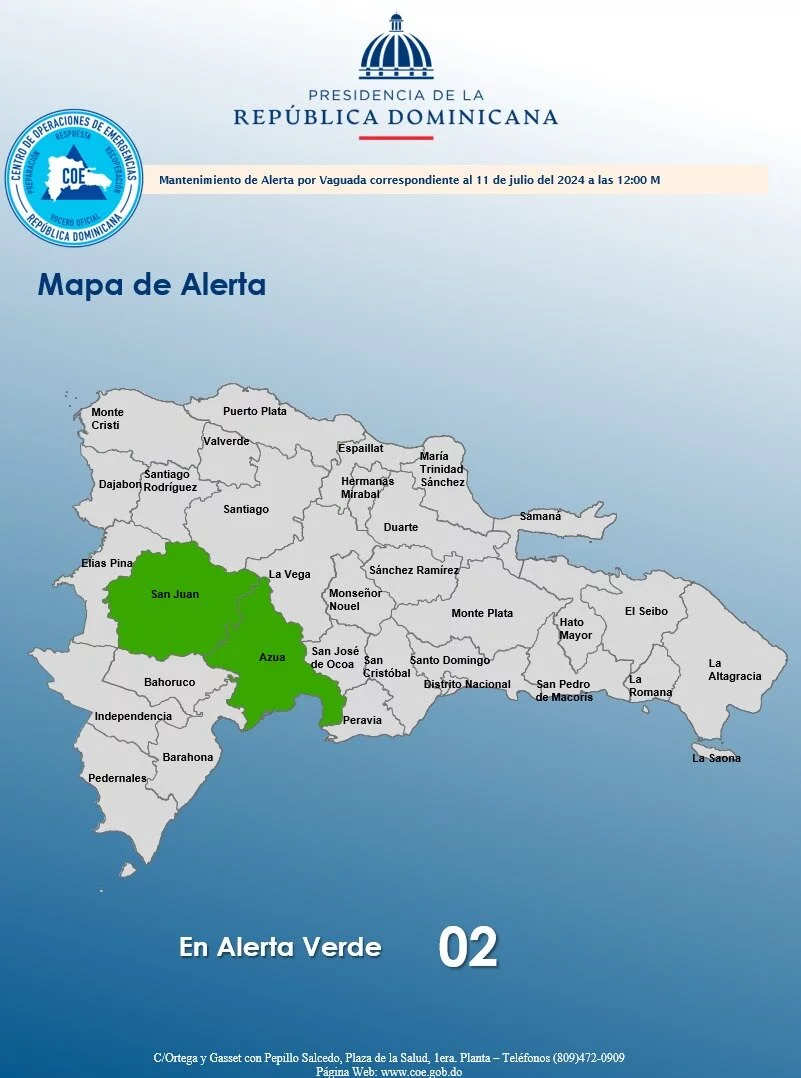 Azua y San Juan en alerta Verde.