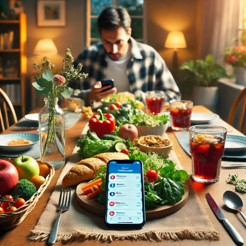 DALL·E 2024-10-21 10.53.22 – A visually engaging scene depicting a dining table with a variety of healthy foods like fruits, vegetables, and whole grains, contrasted with a smartp