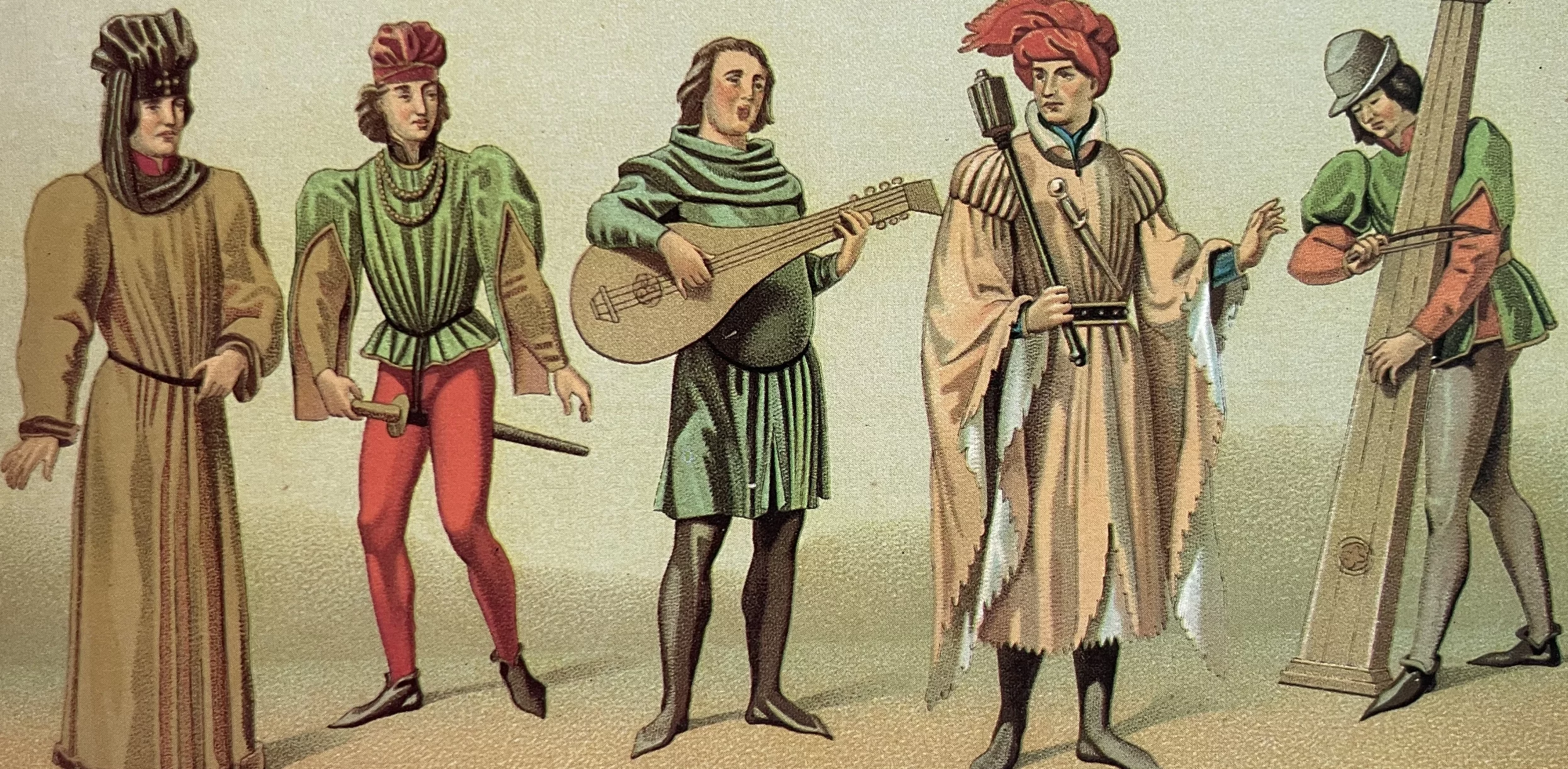 Músicos tocan los diferentes instrumentos . fotos de César Langa ferreira, tomadas del libro: Historia del vestido, de albert  racinet.