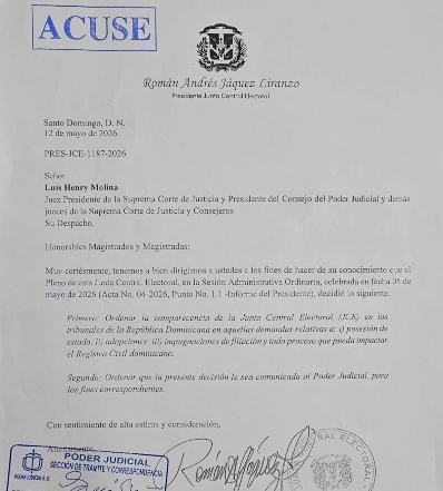 Carta enviada por JCE al presidente de la Suprema.